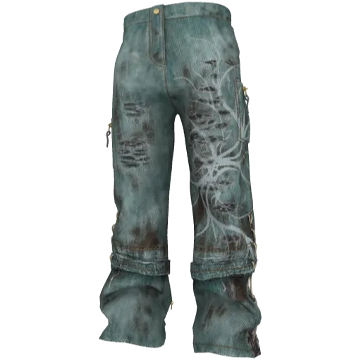 Зеленые джинсы с принтом и порезами