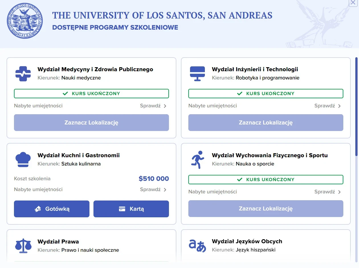   Wygląd menu uniwersytetu  