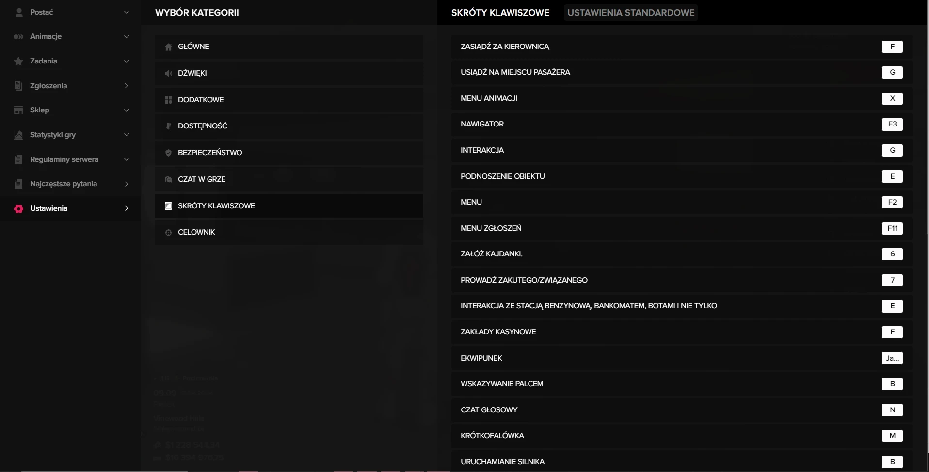   Menu przypisywania klawiszy  