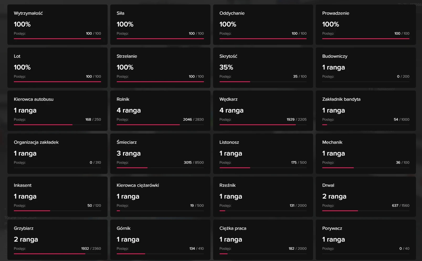   Umiejętności postaci w menu postaci  