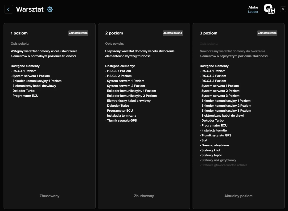   Interfejs ulepszania warsztatu w tablecie  